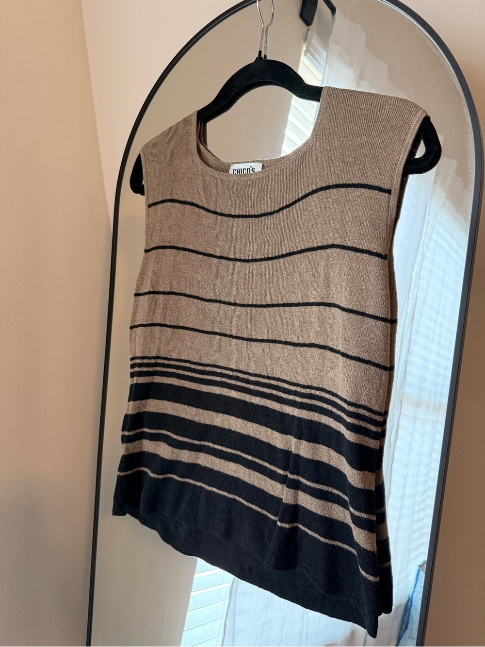 Chico's Tan and Black Striped Sleeveless Knit Shell
